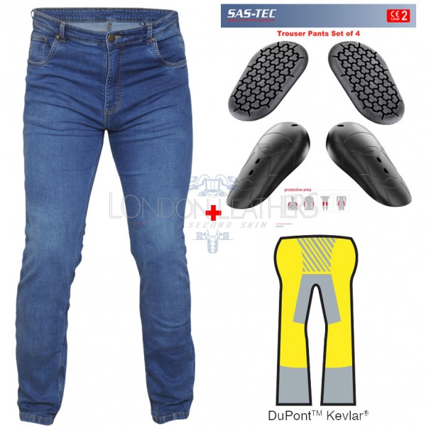 RTX Pro Blue Motorcycle Biker Denim JEANS with SAS-TEC CE Level 2 Armour & Made with Full Leg Length Kevlar Lining